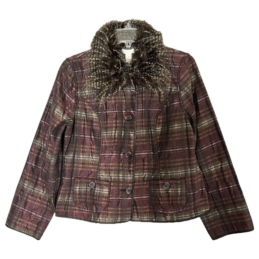 Chico’s Reversible Jacket Faux Fur Trim Size M Burgundy Gray Plaid Career Office